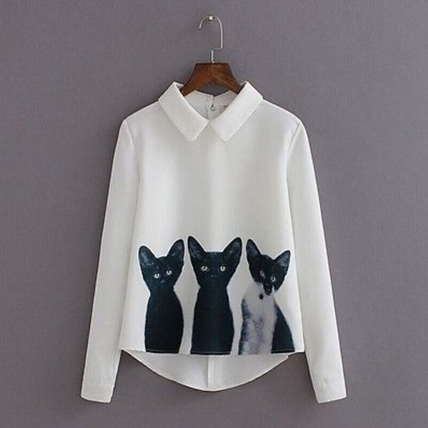 Chiffon Three Cats Tops Long Sleeve
